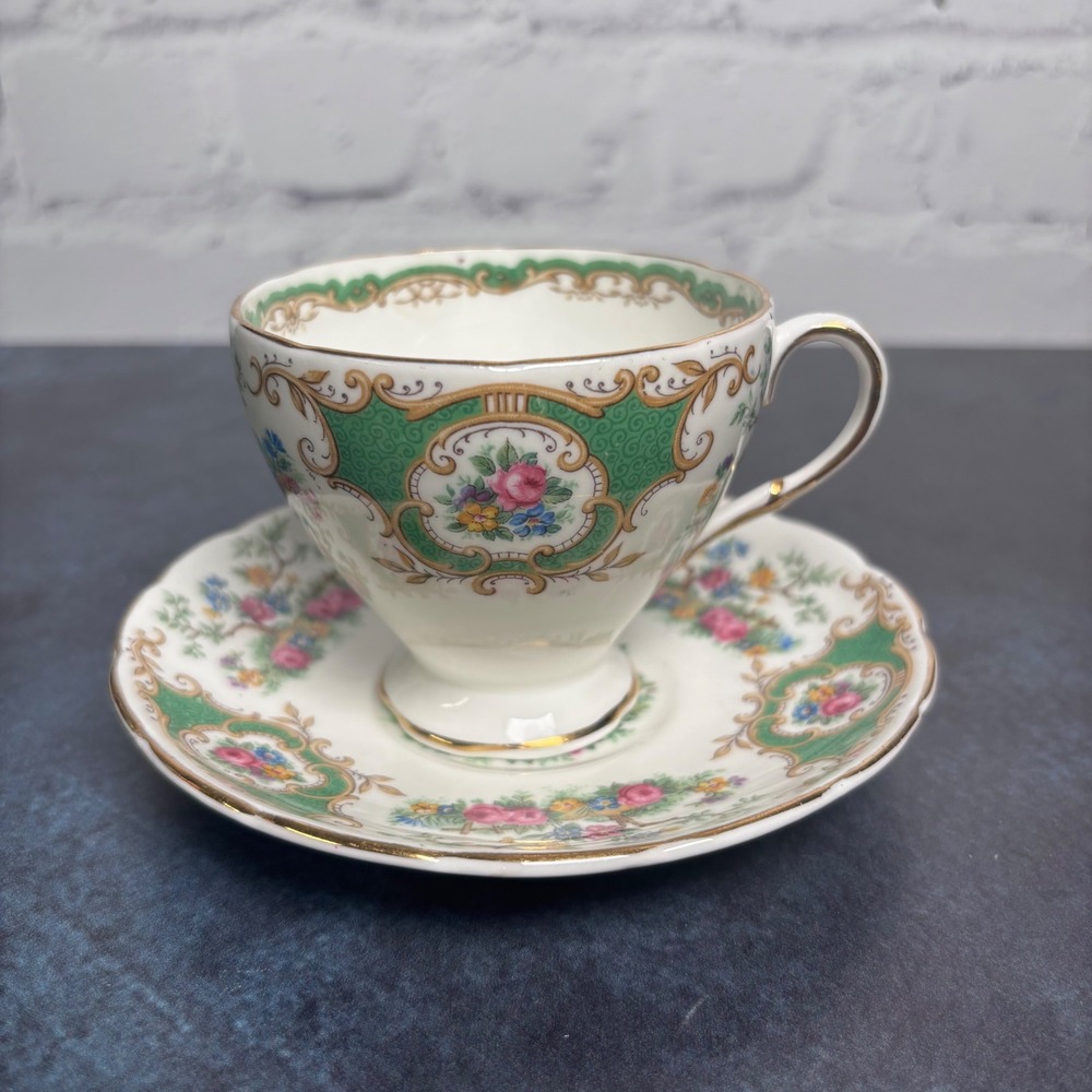 Foley Bone China Broadway Tea Cup & Saucer Green, Floral Bird Made in England